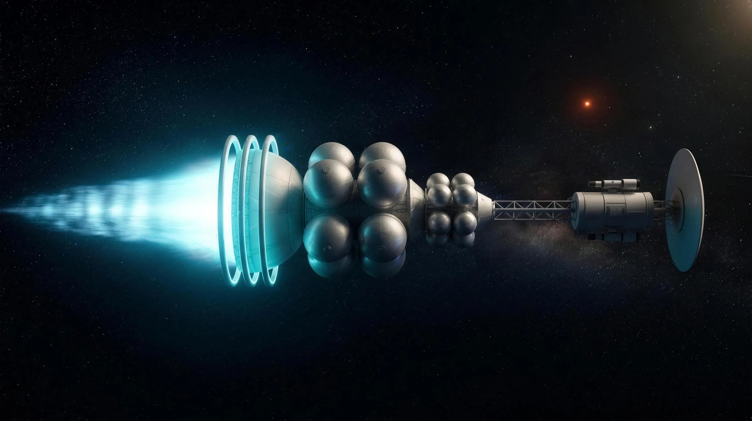 A vast two-stage fusion starship seen side-on in deep space, nose to the right: a huge open reaction chamber at the left glowing cyan-white as a pulsed fusion exhaust streams away to the left, three luminous coil rings around the chamber mouth, clusters of great spherical cryogenic tanks along the hull, a slender truss leading forward to a cylindrical payload bay behind a wide flat shield disc, all lit by the drive's cold plasma light against a dense starfield, with a small red-orange star far ahead off the bow.