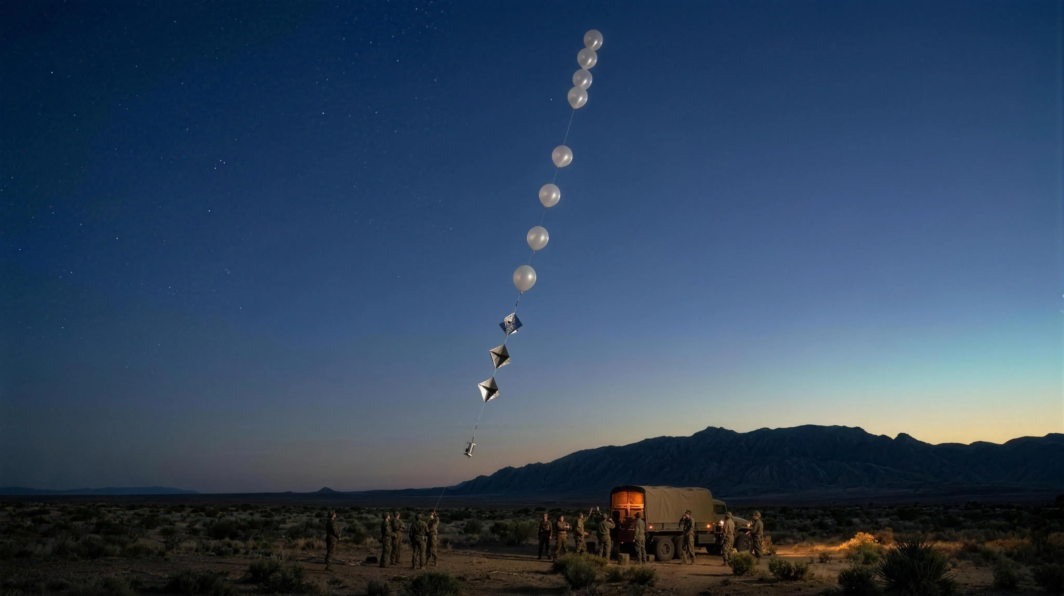 Pre-dawn over a scrubby New Mexico desert flat: a single immensely tall train of small pearlescent balloons rises on one thin line into a deep indigo sky with fading stars, three angular corner-reflector radar targets of matte silver foil on light wood frames along the lower line above a small cylindrical instrument; at the base, tiny figures of 1940s army technicians around a canvas-topped truck with dim amber work lights; behind them the dark silhouette of the Sacramento Mountains under the first pale sand-gold band of desert dawn.