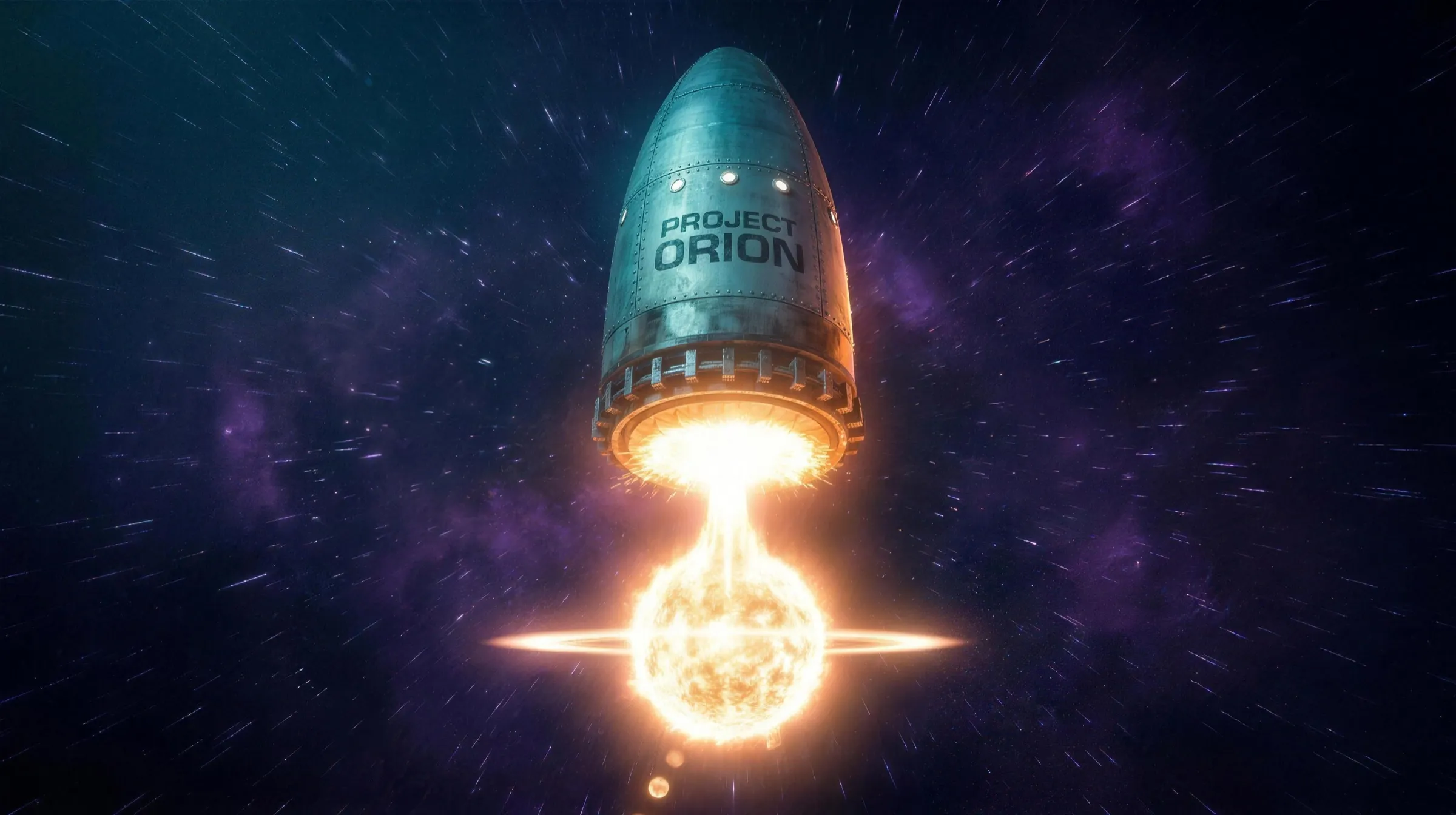 A riveted steel spaceship marked PROJECT ORION standing on shock-absorber pistons above a wide pusher plate, a nuclear fireball bursting beneath it and a chain of older blasts receding into a violet starfield.