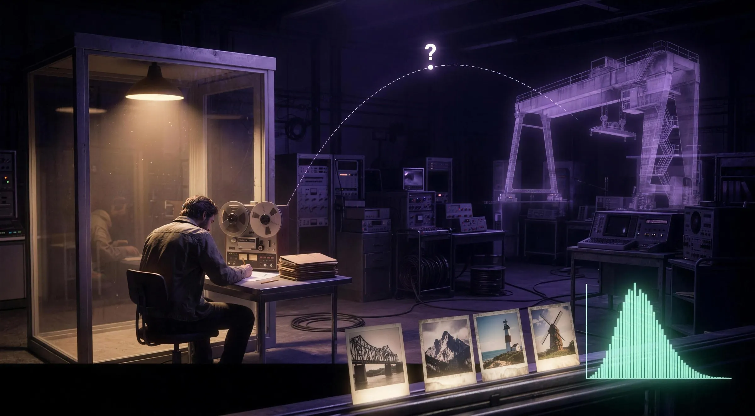 A dark 1970s laboratory in deep violet light: on the left a figure sits at a small desk under a cone of lamplight, sketching on paper; far to the right a huge industrial gantry crane glows as a faint violet apparition; between them a thin dashed thread of light crosses the darkness, with a small bright question mark hanging at its apex; in the foreground a row of four glowing target cards and a soft mint histogram rises like a bell curve from a rail.