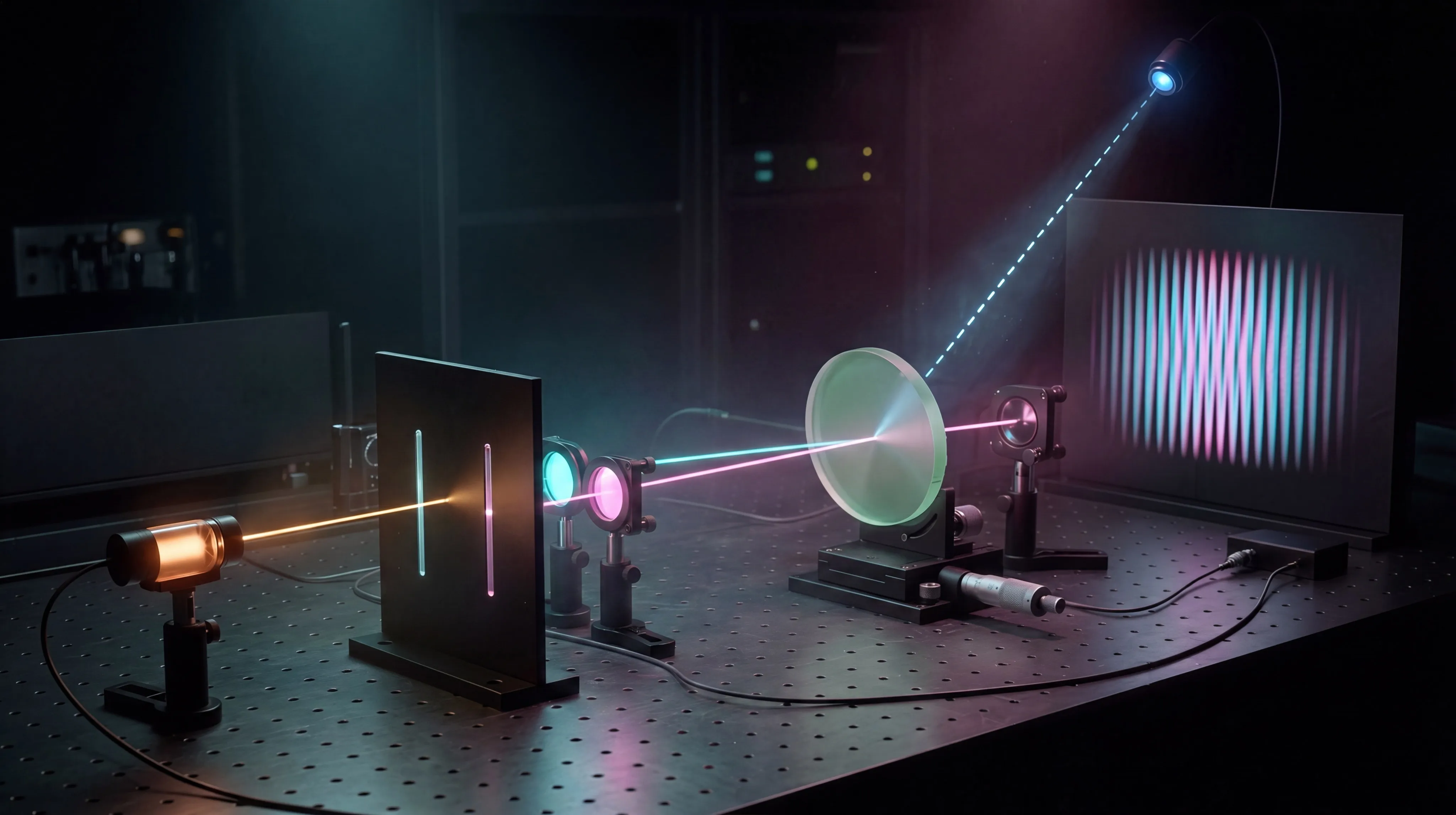 A quantum-eraser visualisation: a dark detection screen where a cyan + channel stacks into bright fringes and a magenta - channel into the complementary anti-fringes, beneath a two-slit barrier with H/V path tags and a rotating 45-degree eraser analyzer.