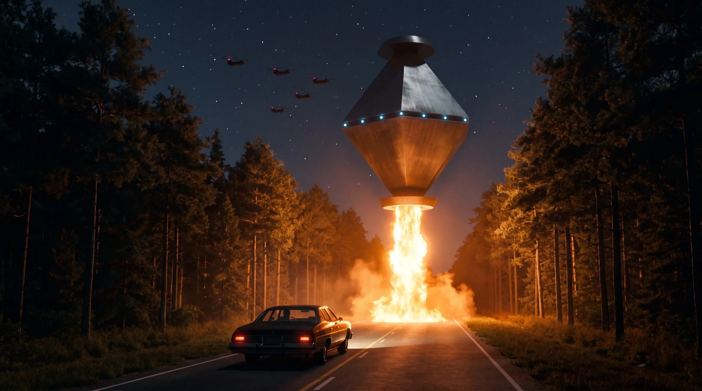 A night scene on a two-lane Texas farm road through tall pines: a huge diamond-shaped craft hovering over the road ahead, dull metallic with a ring of small blue lights, venting a turbulent column of orange flame downward that floods the wet asphalt with hot light; a 1970s sedan stopped on the road with headlights on, its silhouette rimmed by the glare; far in the background a loose formation of tandem-rotor helicopters with red navigation lights against a cold starry sky.
