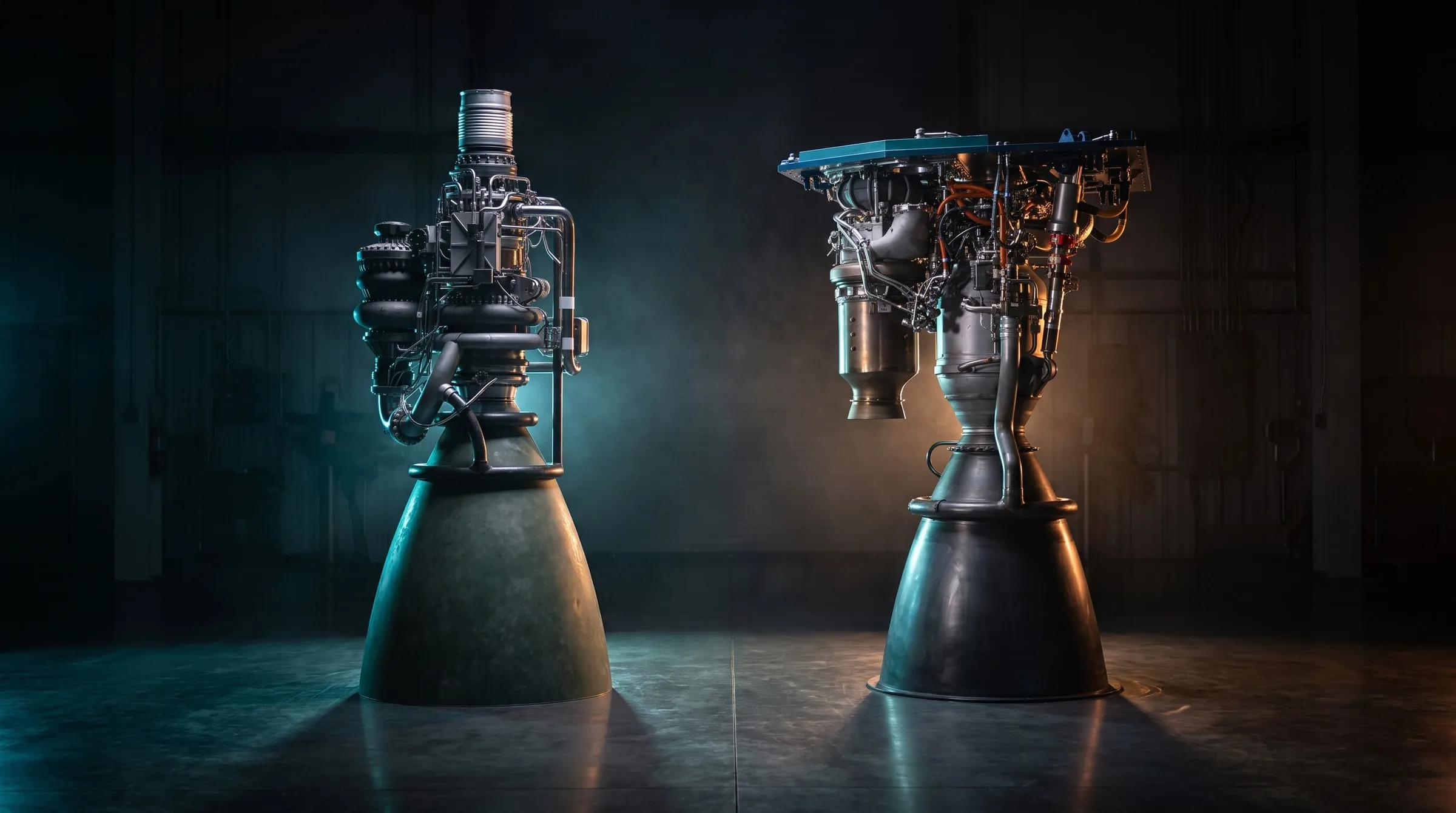 Two rocket engines side by side in a dark instrument bay: a compact methalox engine lit teal-blue on the left, a taller kerolox engine with a long bell nozzle and amber highlights on the right.