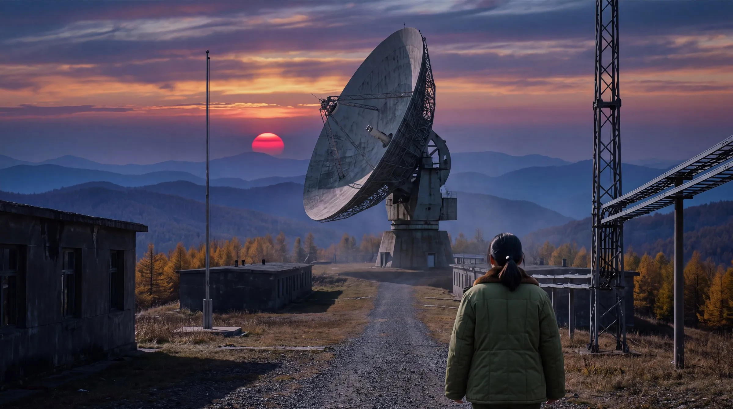 Autumn dusk on a bare mountain summit in the Greater Khingan range: a huge grey steel parabolic dish on a squat concrete pedestal is tilted toward the west, where a deep red sun sits a few degrees above layered blue-violet ridges under a sky banded orange to violet with thin cirrus; golden larch forest covers the slopes below; low concrete barracks with dark windows, a bare flagpole, a lattice mast and cable trays on posts flank the summit; a gravel path runs from the foreground toward the dish past the barracks; in the right foreground a young woman in a padded green army jacket with a fur collar and a ponytail walks up the path toward the antenna with her back to the camera, her hands empty and nothing on the ground beside her; long shadows; no text anywhere.
