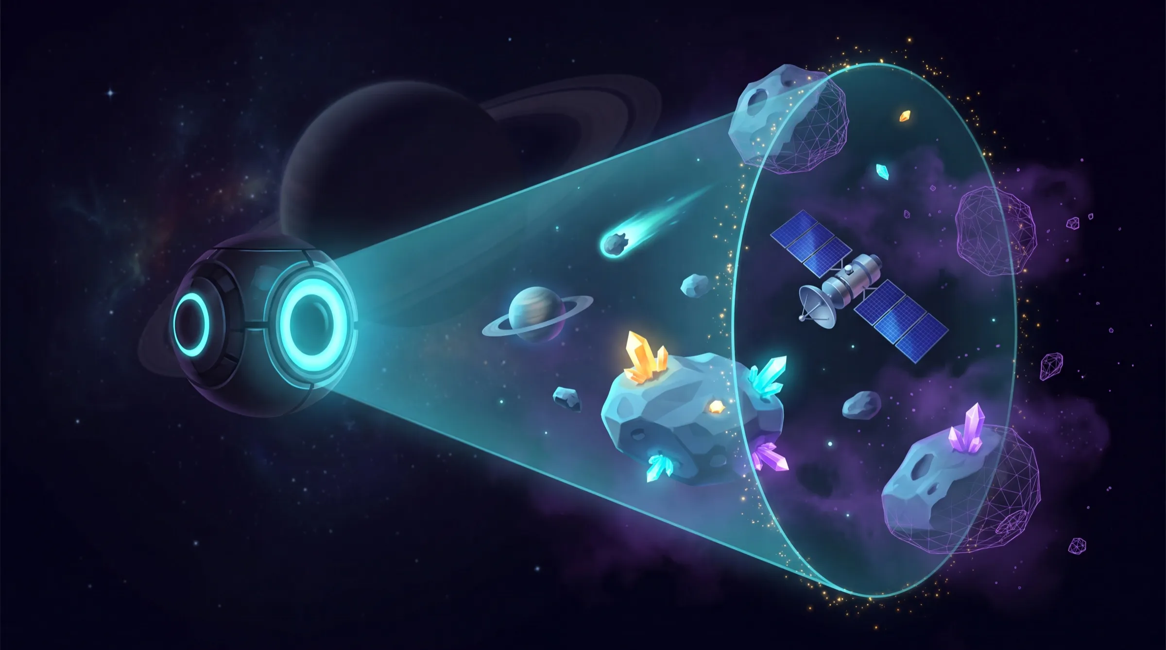 A dark spherical camera-drone with a glowing cyan lens projects a vast translucent view frustum across space; crystal asteroids, satellites, ringed planetoids and comets inside the cone are fully rendered with warm luminous crystals, while the bodies outside dissolve into violet wireframe ghosts and probability fog, a ringed planet dim in the background.