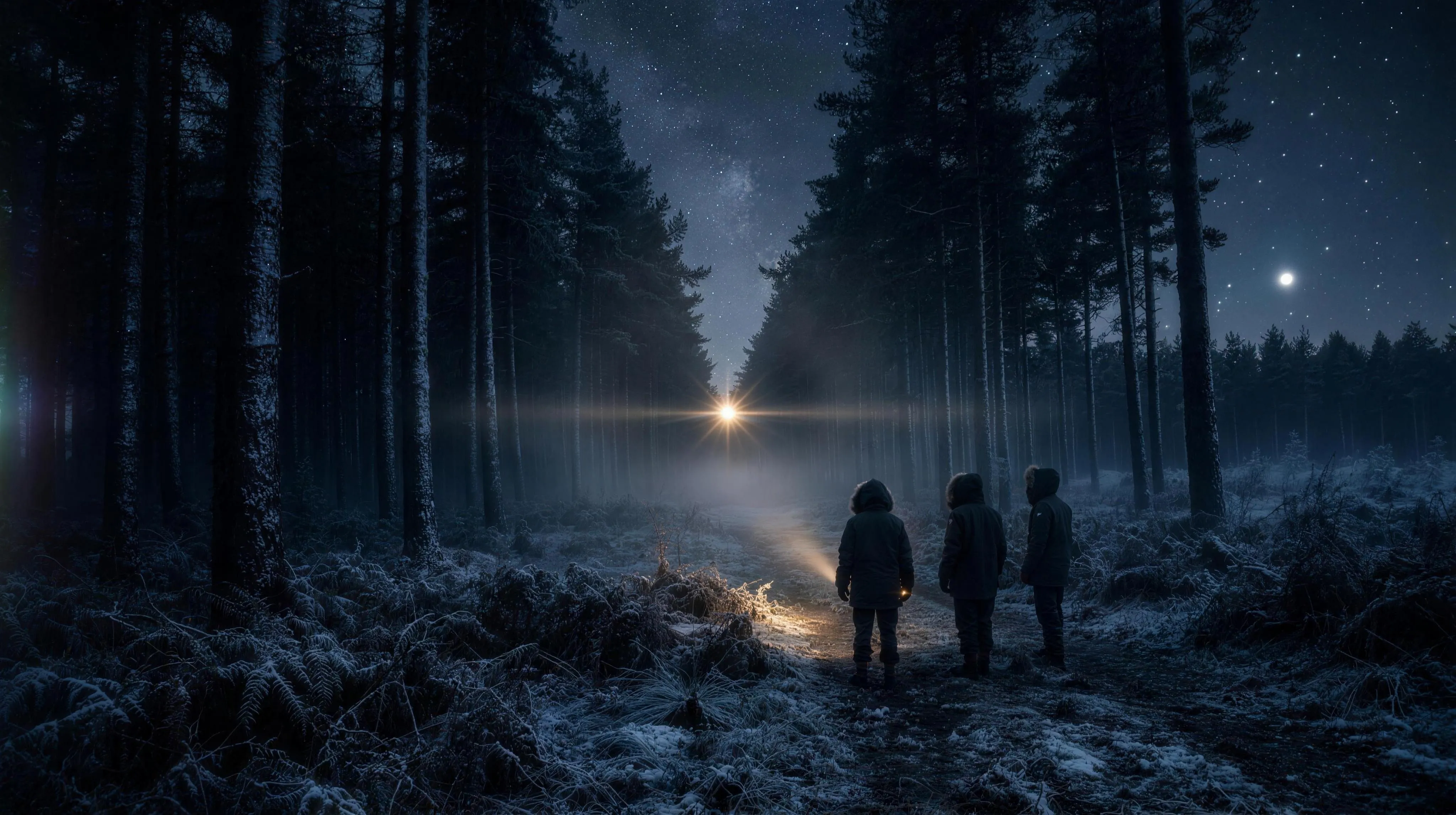 A winter pine plantation at night seen at standing eye level down a dark forest ride: tall frost-dusted Corsican pines flank a frozen track under a crisp starry sky with a faint band of Milky Way; far down the ride, exactly at eye height on the horizon between the trunks, a single brilliant golden-white light flares mid-flash, throwing a thin horizontal streak and a soft halo into the night mist; in the middle distance three small silhouetted figures in cold-weather parkas stand on the track, one aiming a weak warm flashlight beam low at the ground; one bright star hangs low in the sky at right; no moon in frame, no text.