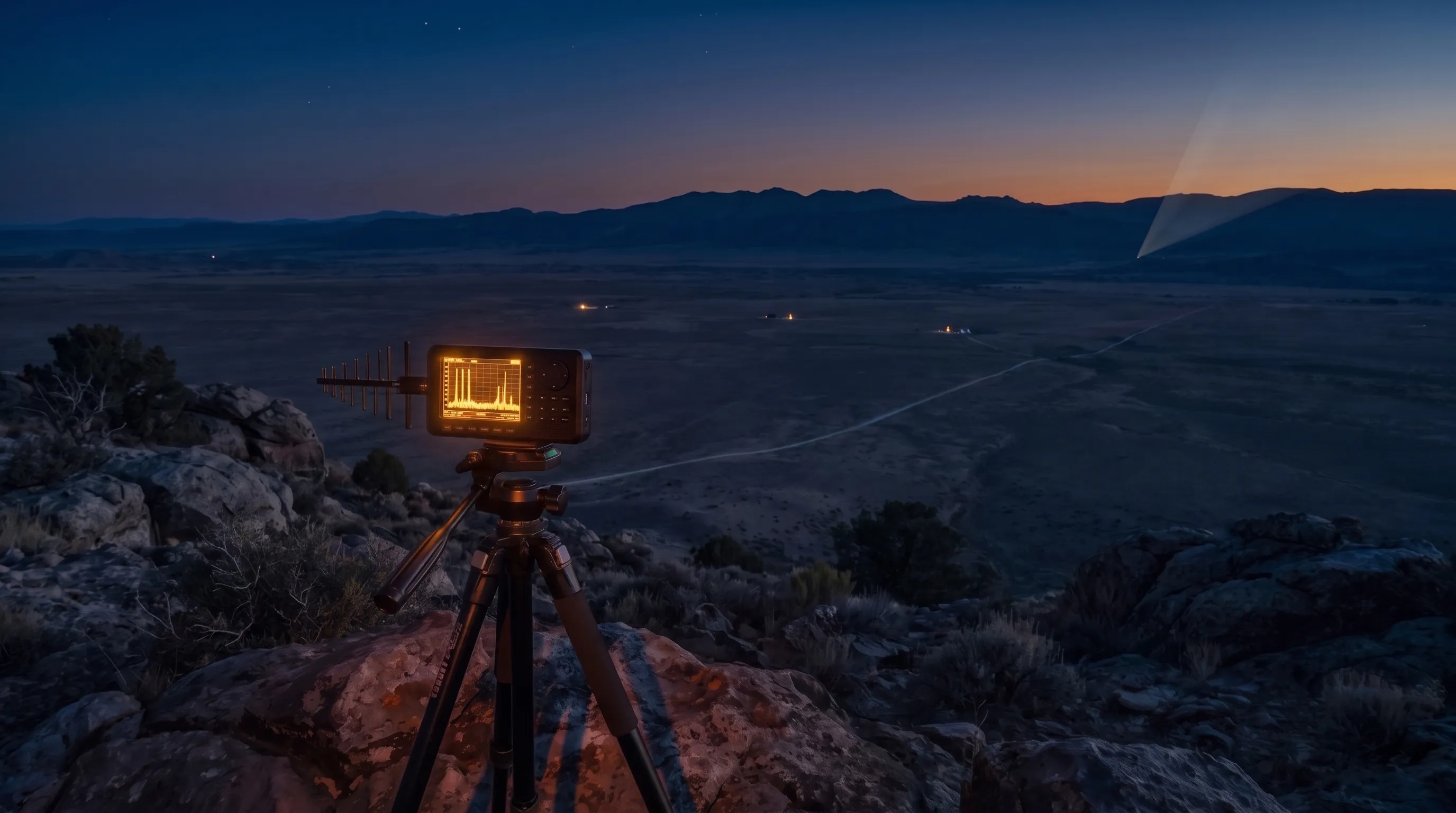 A handheld spectrum analyzer standing on a tripod on dark high ground at dusk, its small screen glowing with two clusters of amber spikes; below and beyond, a vast dark basin with a few scattered ranch lights, and on the far horizon a long black mountain wall under a deep blue-orange sky; a faint radio-beam glow sweeps far off near the horizon; no people, no legible text.