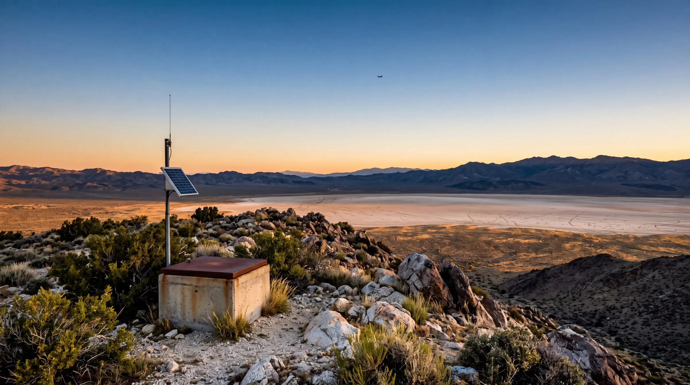 Dawn on a rocky ridge in the Mojave Desert, looking out over a wide valley: in the left foreground a squat concrete vault the size of a chest freezer with a flat rust-brown steel lid, rust-streaked and plain with no lettering, beside a slim steel pole carrying a small solar panel, a whip antenna and one cable, among desert shrubs, dry grass and pale boulders; far below, a pale dry lakebed with faint cracks and track lines catches the first light, with low ranges across its far side, warm-lit on the left and dark blue to the right; the sky is cloudless, orange at the horizon rising through gold to deep blue overhead; high in the frame, very small, a dark aircraft with no contrail; no people, no text.