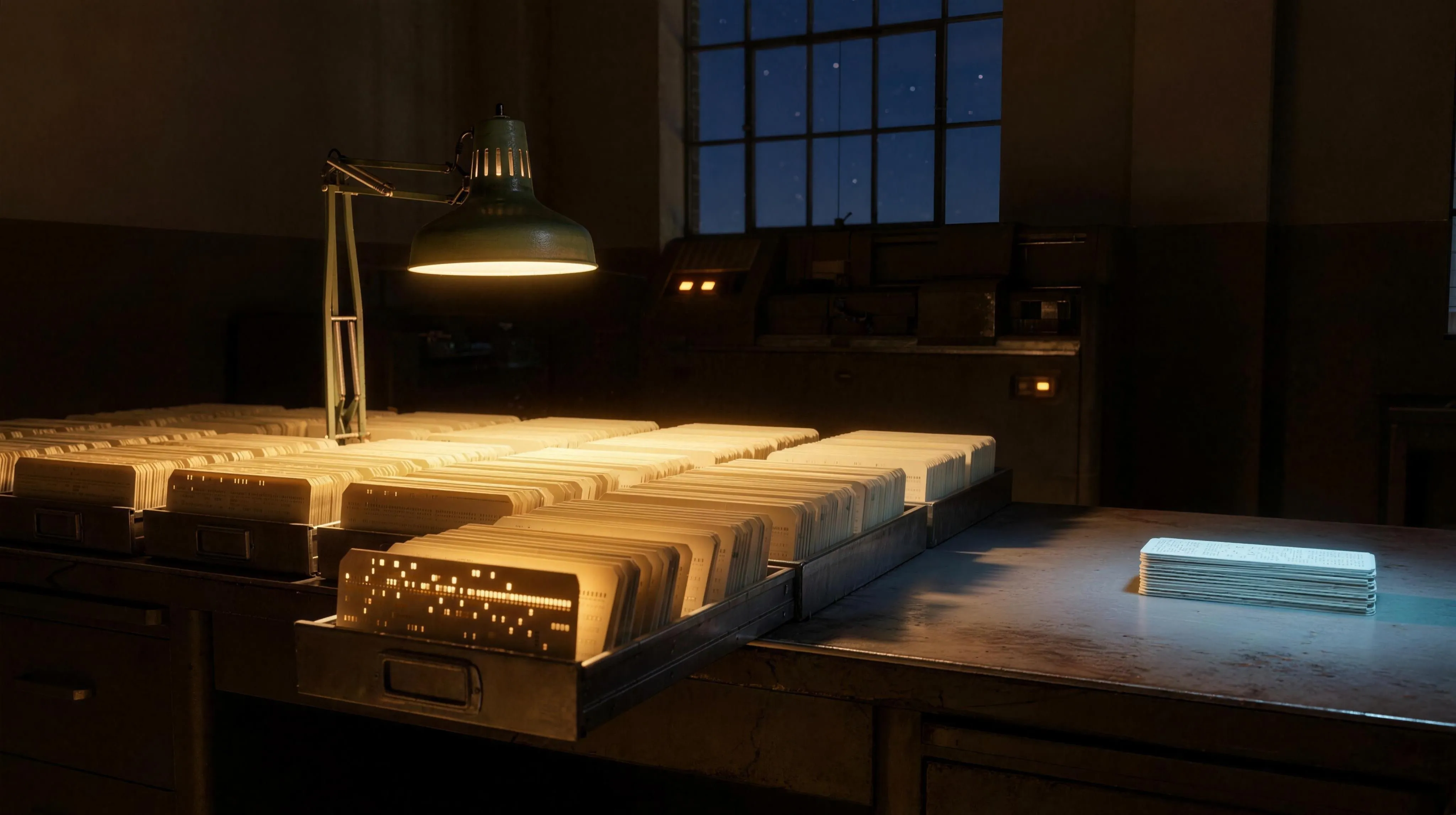 A 1955 statistical analysis room at night: a long steel desk under one warm pool of lamplight, covered with thousands of cream-coloured punched cards in metal filing trays, one tray pulled forward with its cards fanned open so the rectangular punch holes catch the light; set apart on bare steel at the right, with clear empty desk around it, sits one small separate stack of about forty cards lit cold pale blue instead of amber; behind, a dark tabulating-machine cabinet shows two small amber lamps, and beyond it a tall window opens on a deep indigo night sky with sparse stars.