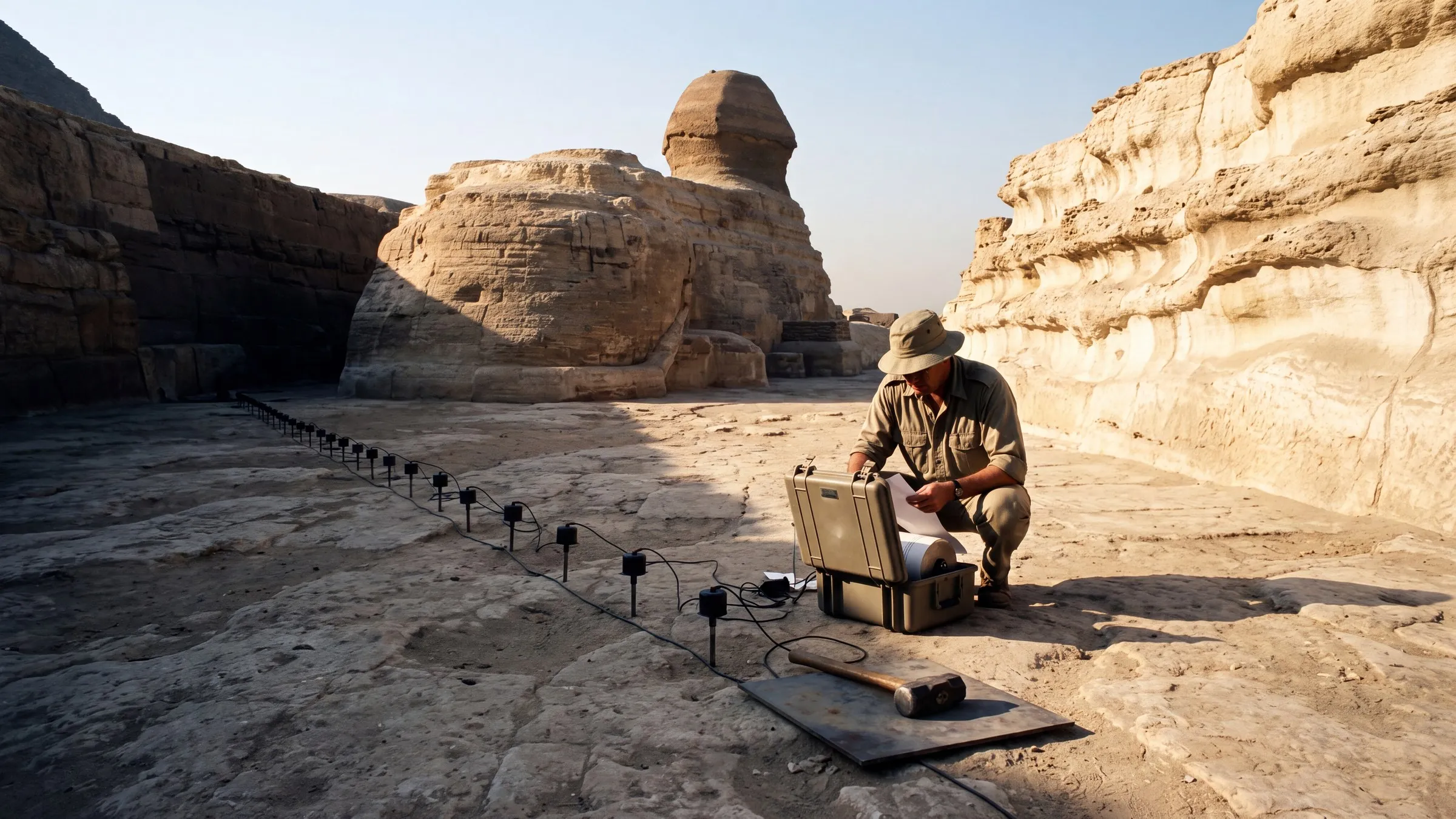 Early morning inside the Sphinx Enclosure at Giza, seen from its western end: a straight line of small black geophones on spikes, joined by a thin black cable, runs across the bare weathered limestone floor toward the rump of the Great Sphinx, whose layered back and rounded head rise in the middle distance against a pale sky; on the right the western wall of the enclosure, pale limestone with rounded, undulating weathered bedding; on the left a shadowed rock wall and, beyond it, the corner of a pyramid; a geologist in a khaki shirt and bush hat crouches beside an open field-recorder case reading a paper trace; a sledgehammer lies on a square steel plate in the foreground; low warm sunlight from the right throws long shadows; no text anywhere.