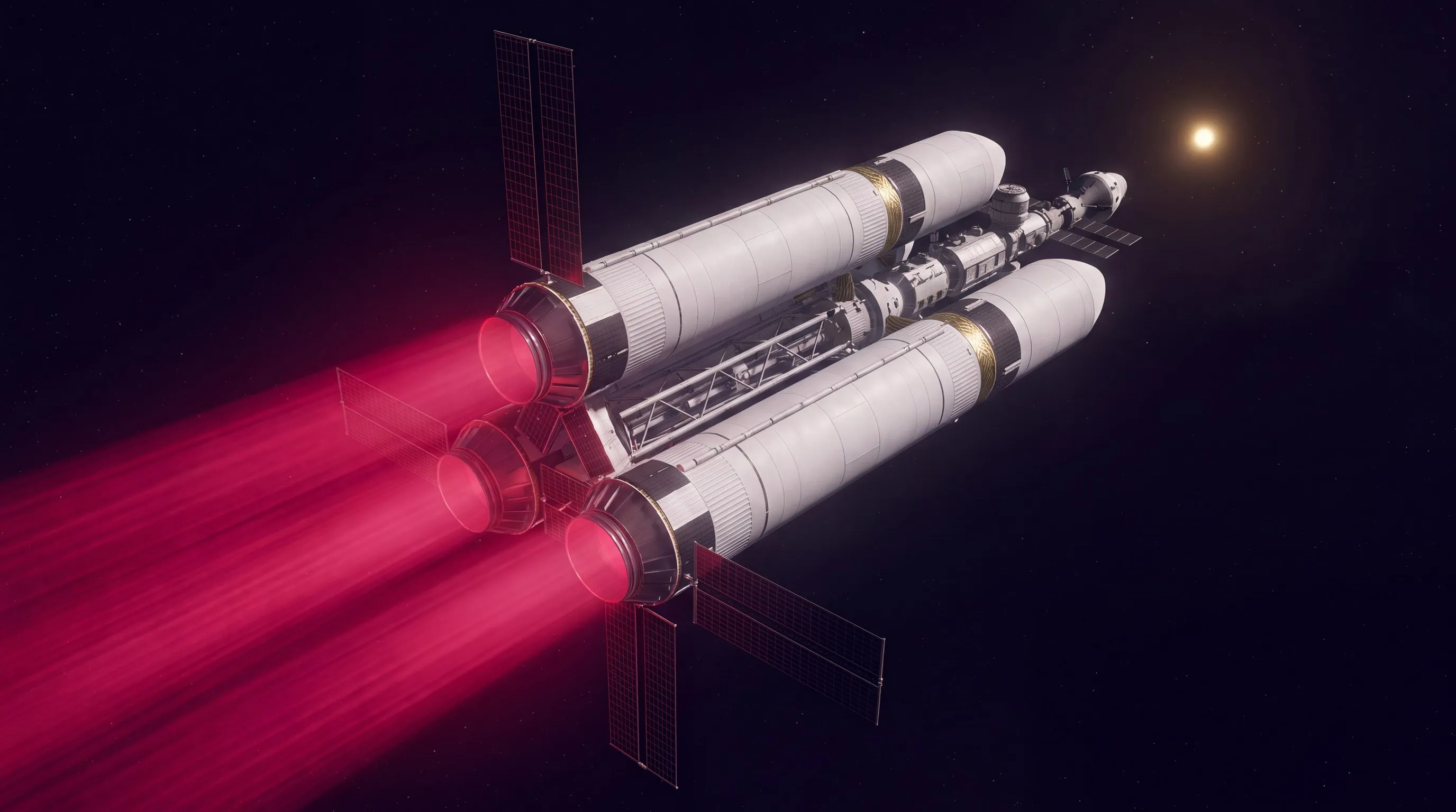 A starship assembled in orbit from launch-vehicle parts: three white rocket-stage hulls bundled in a triangle around a central truss and a slender spine of station modules, a small capsule at the nose pointing toward a small yellow-white star; from three broad drum-faced emitters at the stern, framed by dark solar-panel grids, erupt colossal columns of deep crimson exhaust light that dominate the frame; sparse starfield, no planets, no people, no legible text.