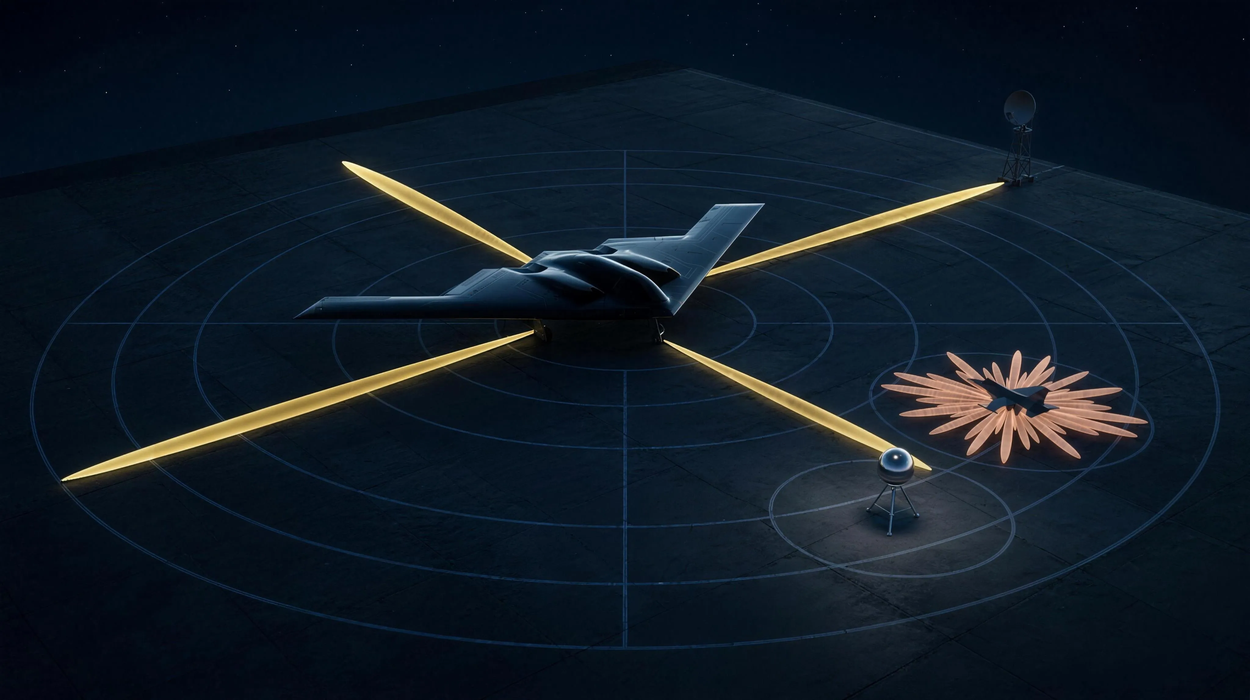 A dark radar test range at night seen from above at a shallow angle: a black flying-wing aircraft with long straight edges stands on a vast dark floor etched with a faint polar grid of concentric rings and radial spokes in dim blue; from the aircraft, four extremely narrow golden petal-shaped lobes of light lie flat on the floor along four exact directions, razor-thin and brilliant against the gloom, while the rest of the circle around the aircraft stays almost black; far to one side a small conventional jet casts a messy many-petalled ghost of pale ember light in every direction, and a small metal calibration sphere on a stand sits inside one quiet ring, all under a deep indigo sky with a few faint stars.