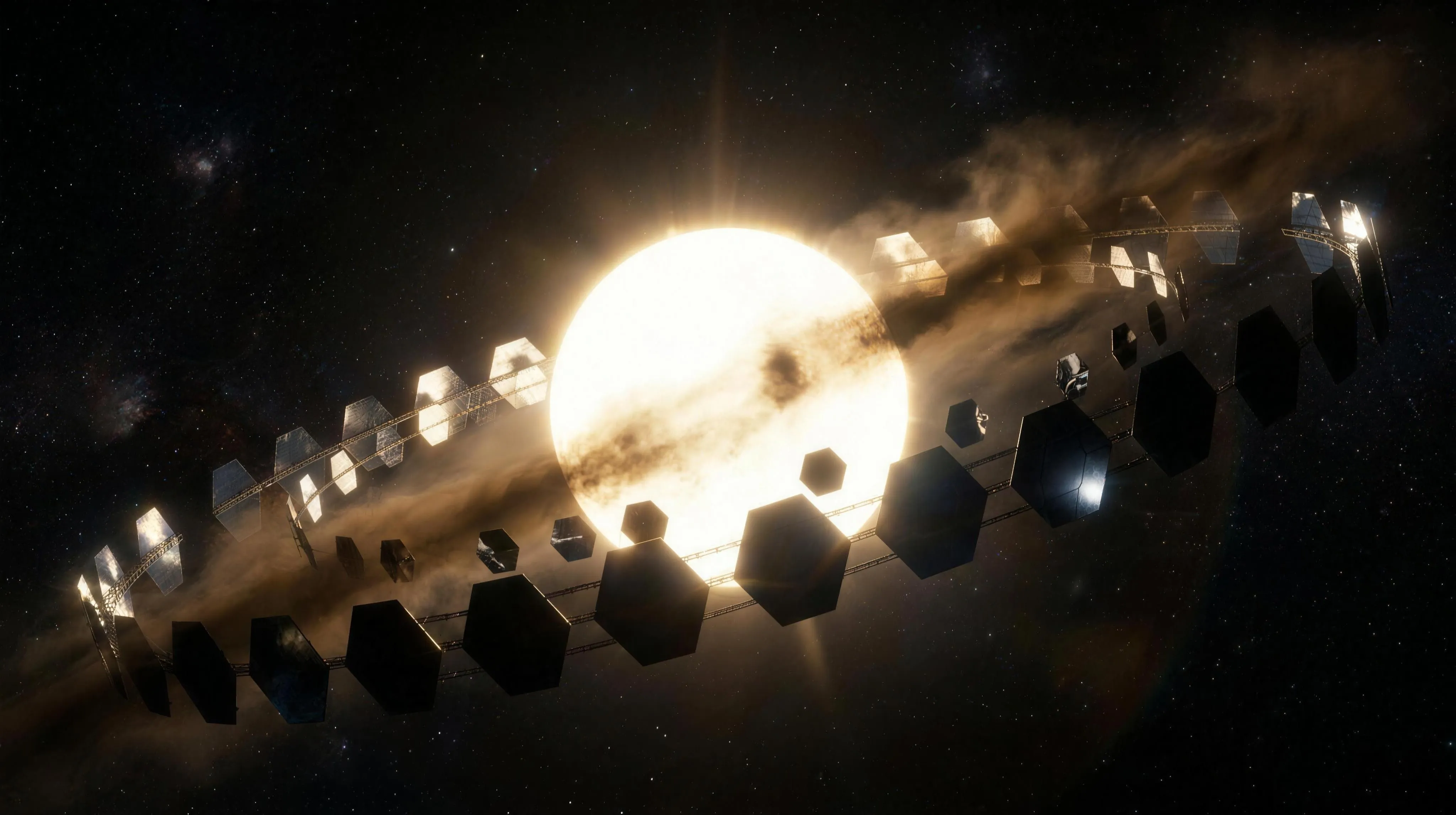 A bright yellow-white F3 star with a softly darkened limb, a ragged swarm of small dark fragments and a faint dust veil crossing its face and biting a notch out of its light, against a black starfield.