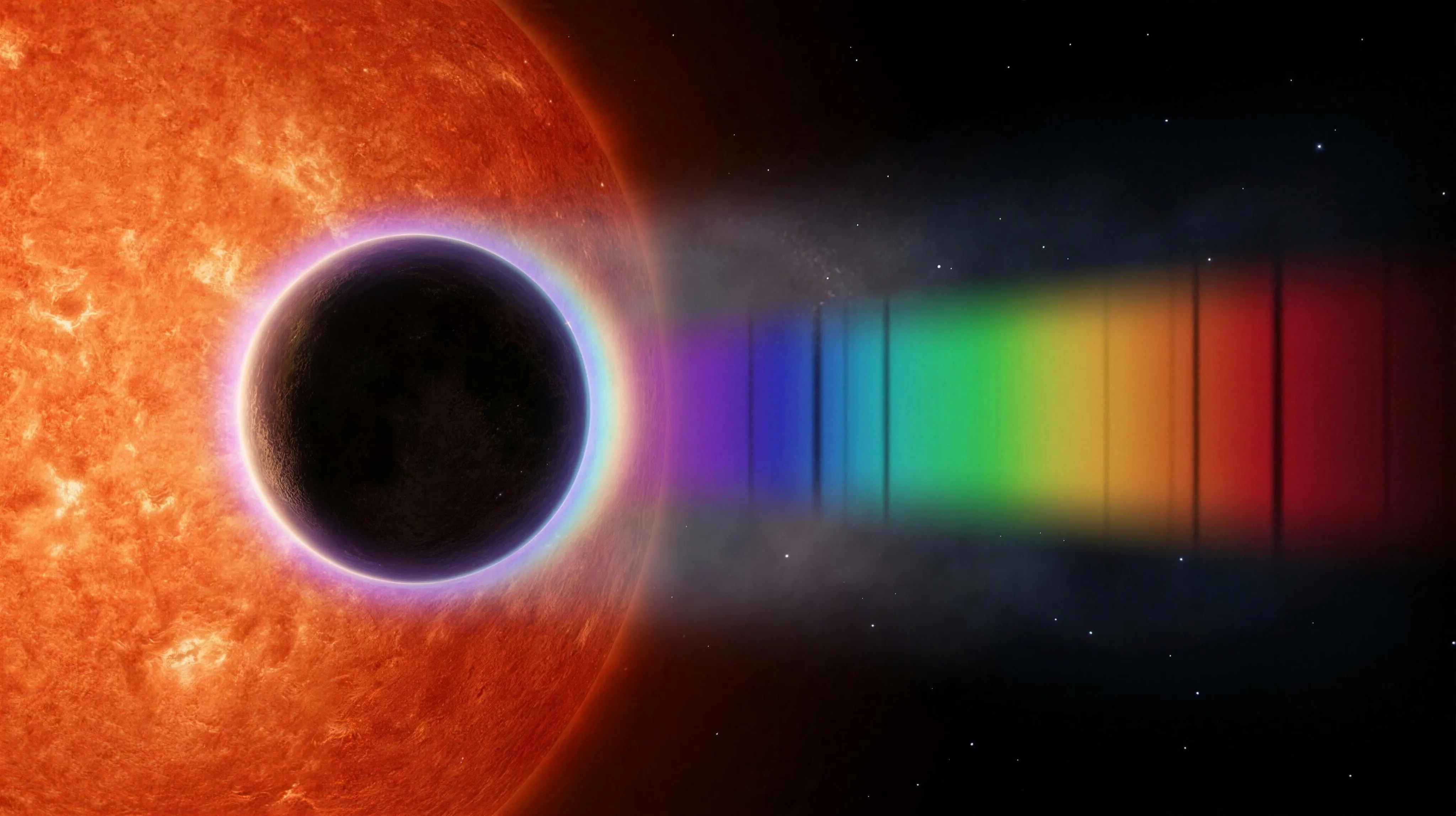 A dark rocky exoplanet in full silhouette crossing the face of a huge mottled red-orange dwarf star whose glowing granulated surface fills the left of the frame; around the black planetary disc runs a razor-thin, brilliantly luminous rim of atmosphere shading from violet-white through pale cyan, and from its right edge the starlight that passed through that rim fans out across black space as a wide luminous spectral band running violet and blue through green and gold to deep red, cut by crisp vertical dark absorption lines like a barcode carved into the rainbow.