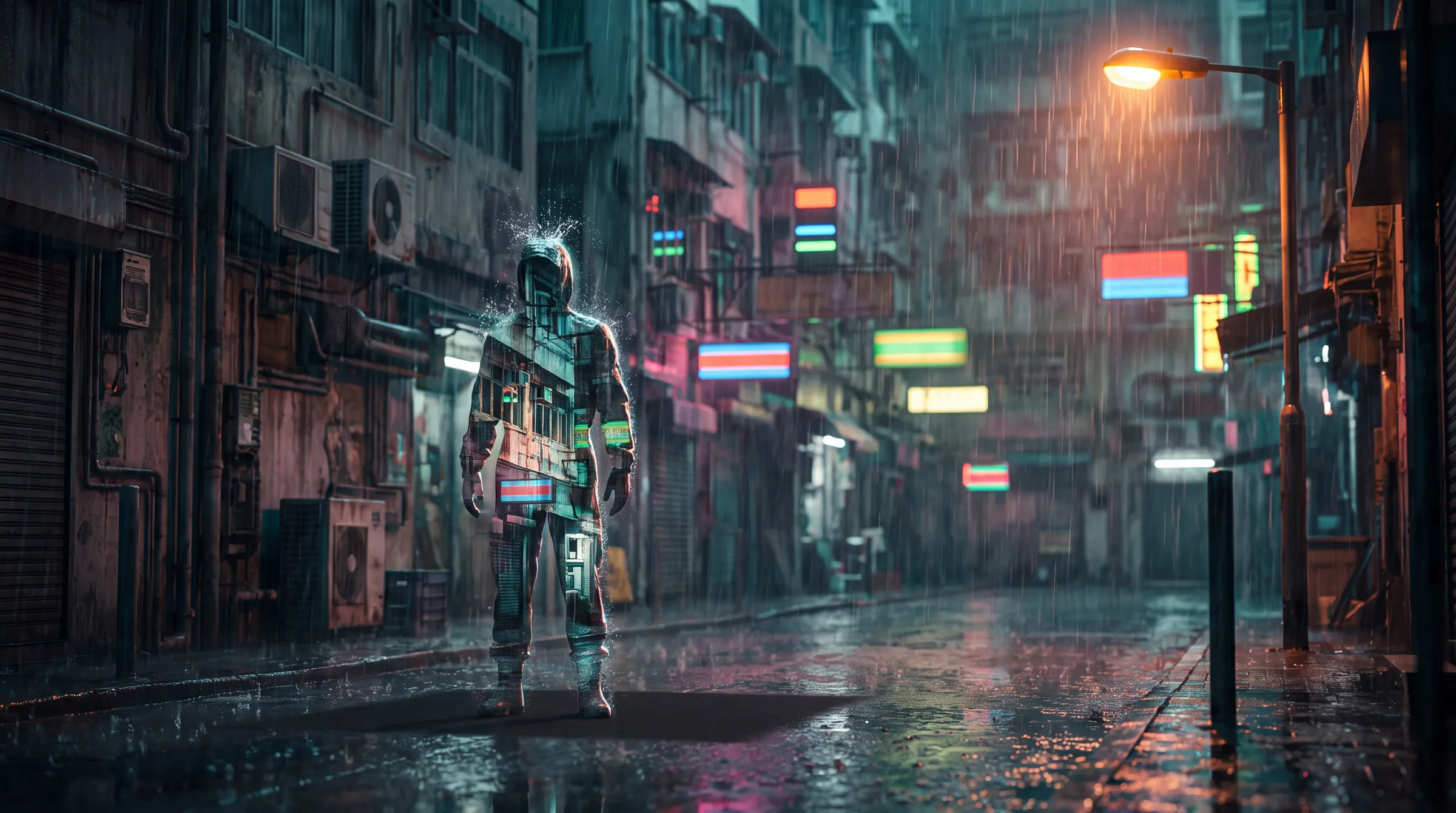 A rain-soaked night alley in a Hong Kong-style district: a lone standing figure in a full-body camouflage suit that displays a lit building façade with windows and coloured sign panels across its torso and limbs, so the body reads as half transparent while the pattern it shows does not line up with the real wall behind; a fine crown of water splashes bursts off the top of its hooded head and shoulders; the wet street mirrors the lights, and the pavement immediately under the figure is darker and duller than the rest; on the left a dim façade with air-conditioner boxes, pipes and a roller shutter; on the right, receding down the alley, glowing sign panels in red, blue, green and orange rendered as plain coloured bars with no lettering; a single orange street lamp on a post at the upper right lights the falling rain; teal and magenta haze, shallow depth of field; no text anywhere.
