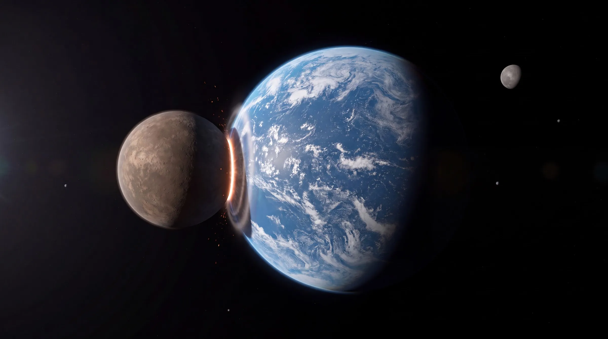 Deep space, photoreal: a large blue ocean planet with swirling white cloud bands fills the right-centre of the frame, lit hard from the left with a crisp terminator shading its right limb; a smaller bare rocky grey-brown planet, about half its radius, presses against its left edge at the first instant of contact, the seam a thin incandescent white-orange line with a few flecks of ejecta and a faint shock ring spreading through the clouds; a small grey moon hangs in the upper right, and three or four tiny moonlets show as faint dots; sparse stars, a soft lens flare at the left edge; no people, no text.