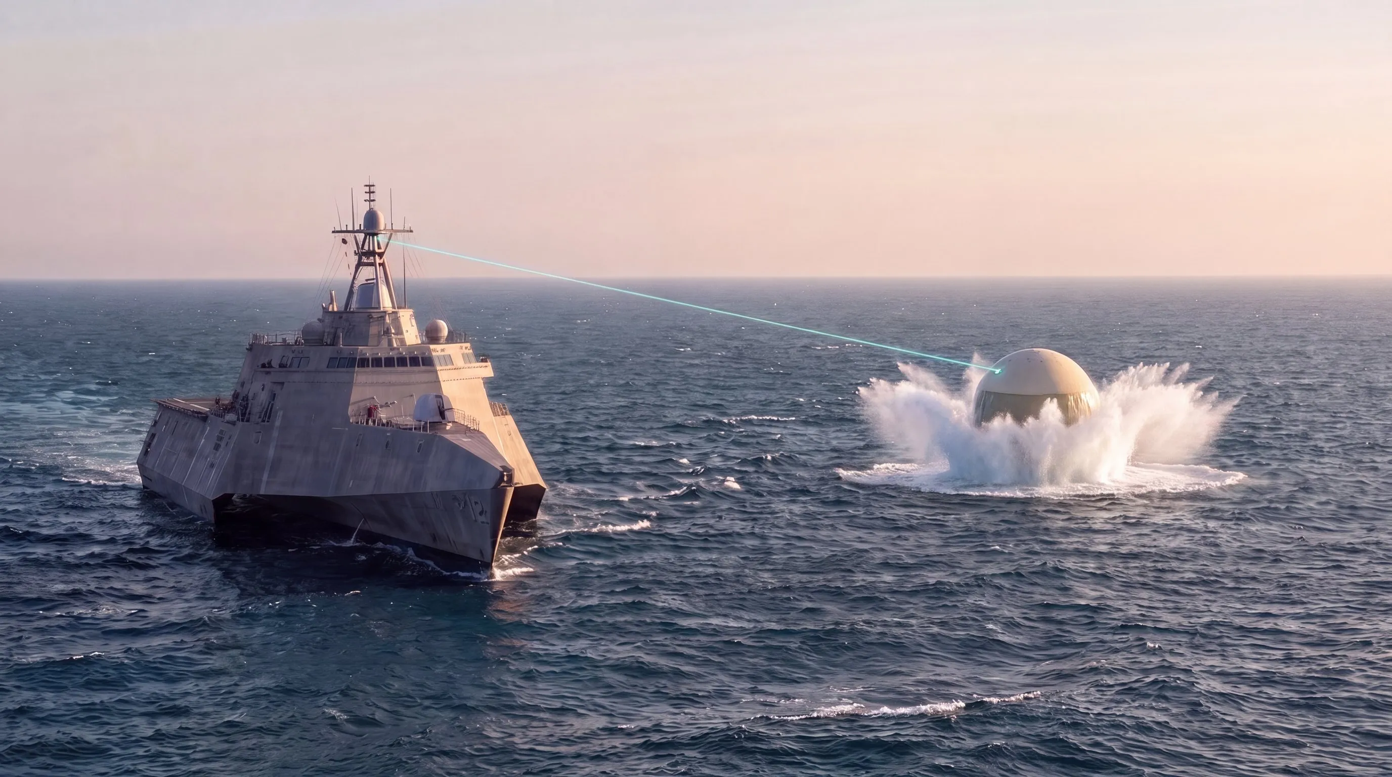 A grey trimaran warship, hull number 12, on a deep blue-teal sea in low warm light; a thin seafoam-teal sensor line reaches from its mast to a pale sphere caught at the instant of water entry, half through the surface inside an erupting crown of spray, a wide ring of foam spreading around it.