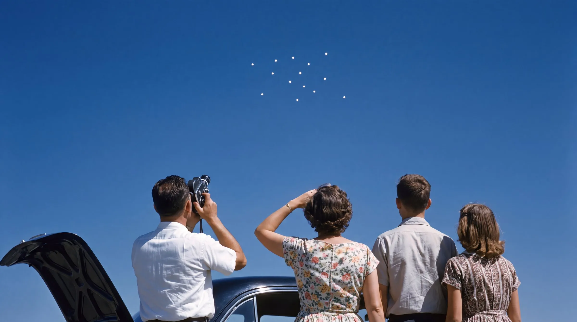 Late morning in July, seen from behind and below a family of four against a clear deep-blue sky that fills the frame, with no horizon and no ground in view: a man in a white short-sleeved shirt holding a small movie camera to his eye with the lens pointed steeply up; a woman in a floral dress shading her eyes with her raised left hand; a boy in a pale short-sleeved shirt; a girl in a brown print dress with white vertical stripes and a white collar; all four with their backs to the viewer, looking up; the open boot lid of a dark sedan rising in the lower left corner and the car's roof behind them; high above them a loose scatter of fourteen tiny bright white points; the sun is out of frame behind and to the right, the light hard on their right sides; no text anywhere.