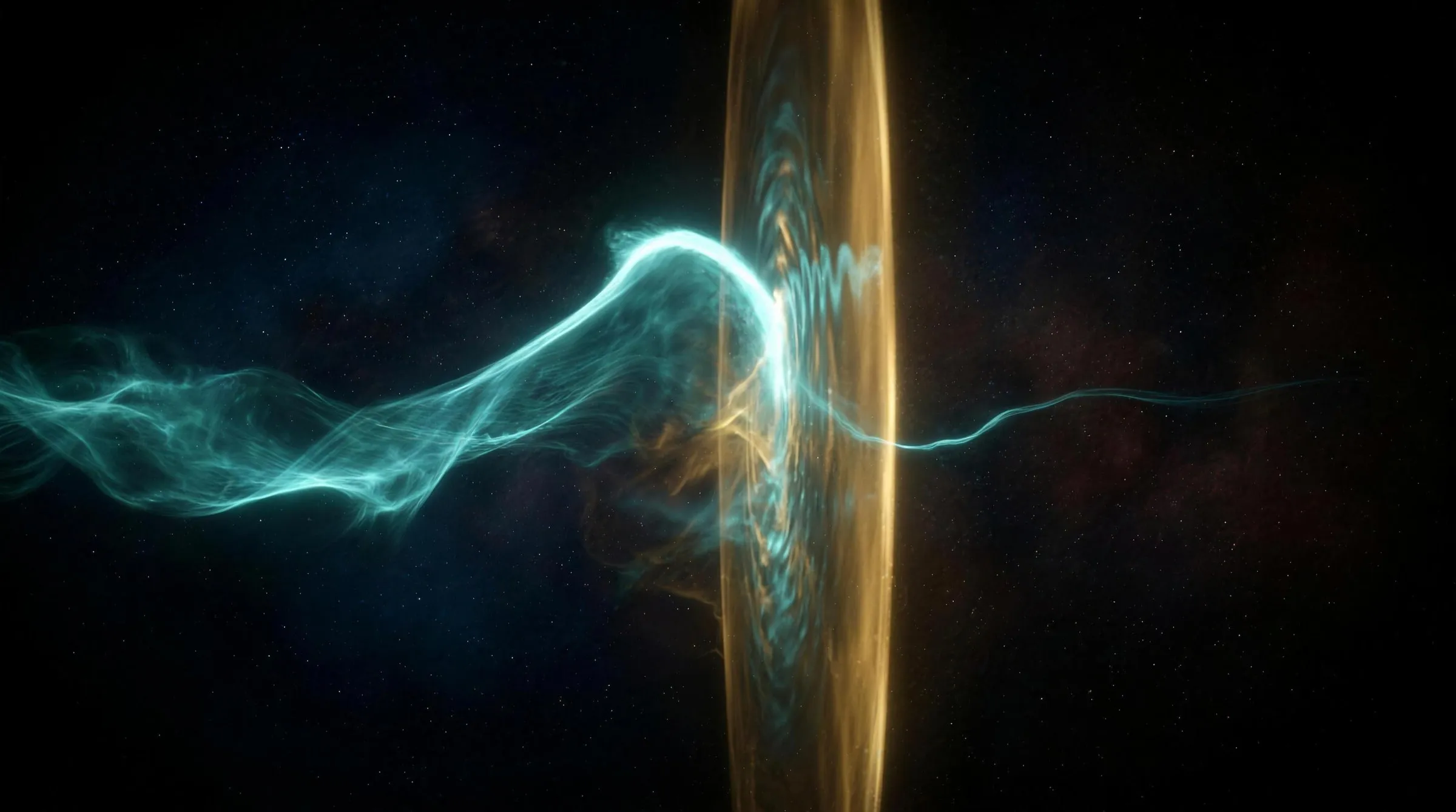A cyan wave packet striking an amber barrier, with a sliver emerging on the far side.