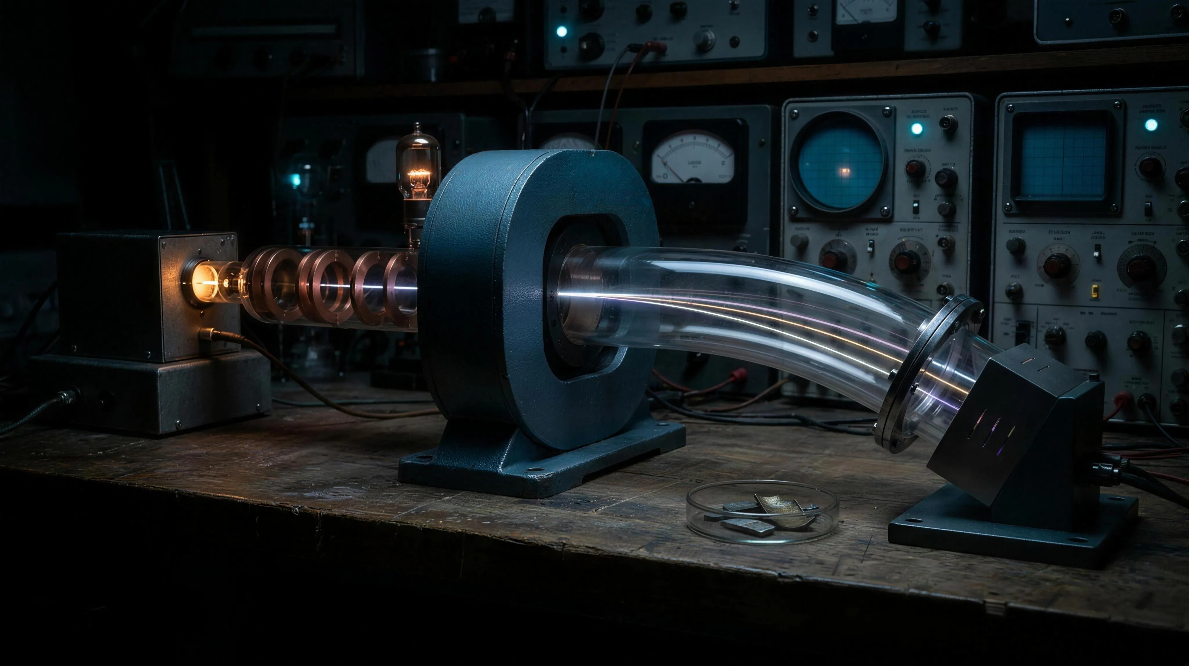 A dark laboratory bench: a mid-century magnetic-sector mass spectrometer, its vacuum flight tube running from a small glowing ion source through a massive C-cored blue-grey electromagnet, where a single beam splits into three thin luminous ion beams that fan apart around the bend, the violet one riding the widest arc on the outside, amber in the middle, and the brightest white-blue one on the tightest arc inside, arriving at three narrow collector slits; on the bench beside the instrument a shallow glass dish holds a few dull grey metal fragments, the room dark around pools of cool instrument light.
