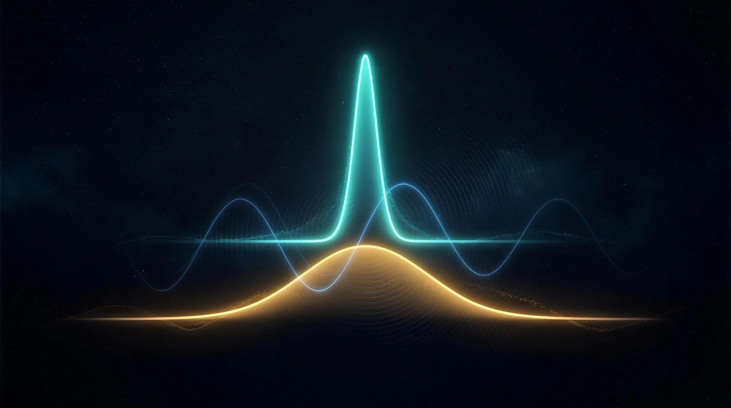 A narrow position-probability peak |ψ(x)|² above a wide momentum-probability peak |φ(p)|², each the Fourier transform of the other, with a meter tracking the product Δx·Δp against the ℏ/2 floor.