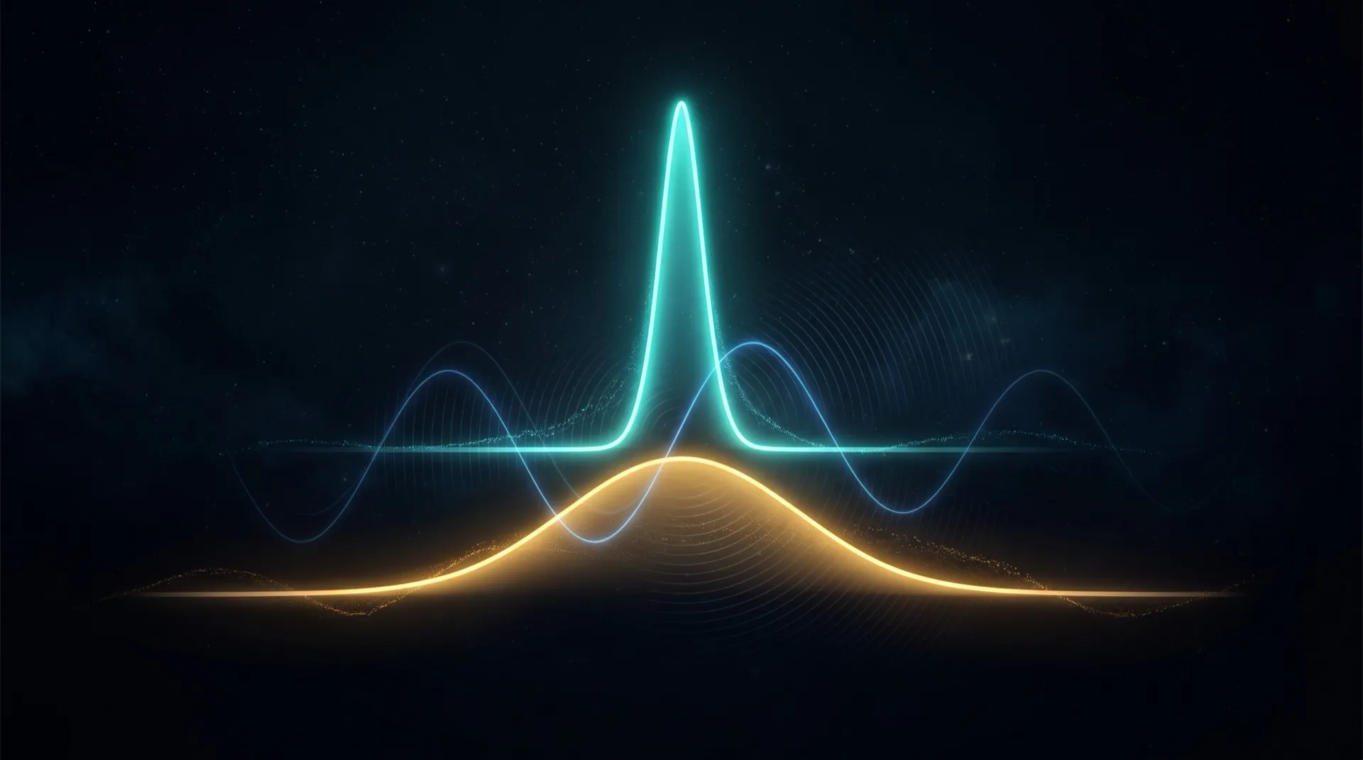 An uncertainty-principle visualisation: a narrow position-probability peak above a wide momentum-probability peak, each the Fourier transform of the other.