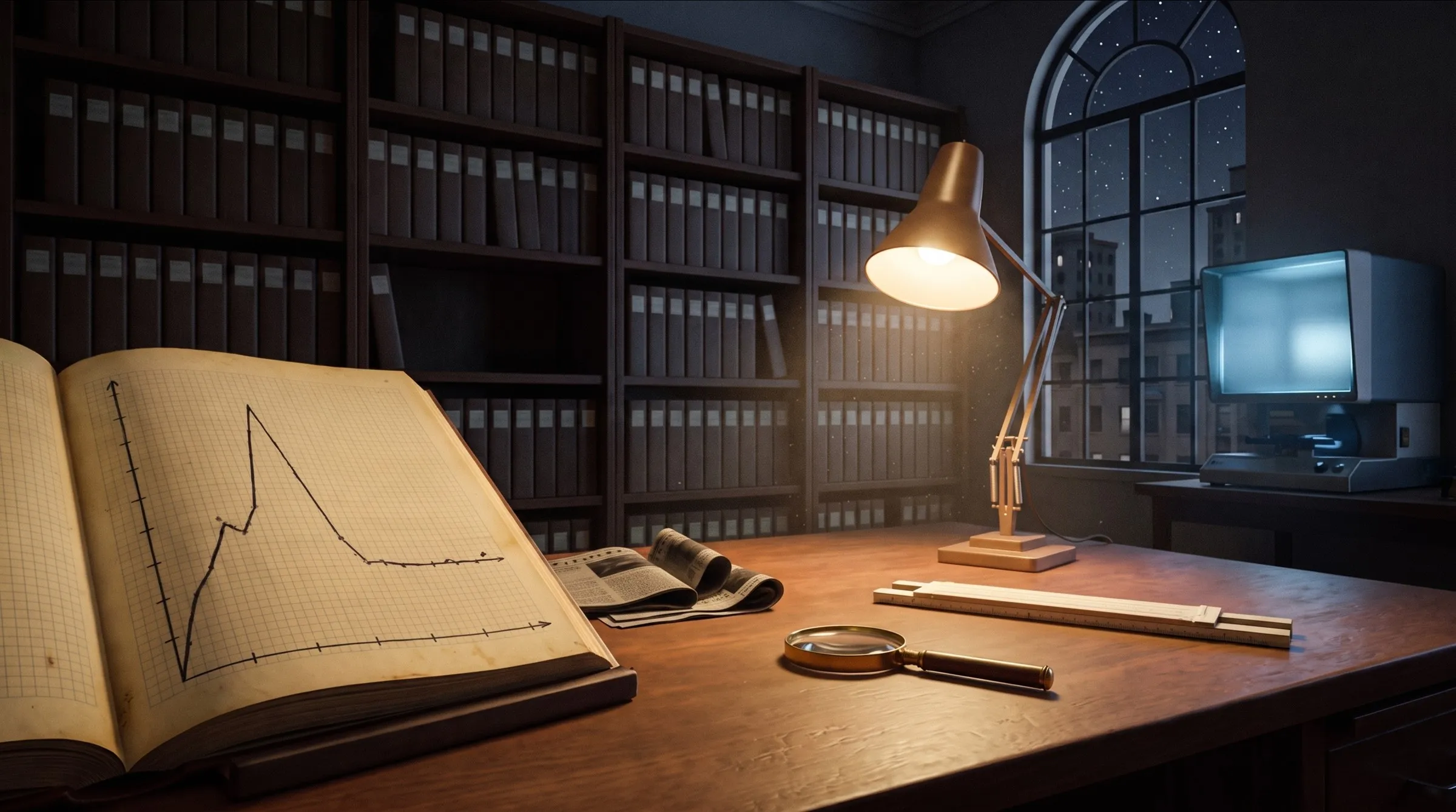 A 1950s aerospace-press reading room at night: a wall of dark bound journal volumes, lit by a single anglepoise lamp; on the reading table a large open volume shows a hand-inked chart whose line rises steeply to a sharp mid-century peak and then runs flat and empty to the page's right edge; beside it a wooden slide rule, a magnifying glass and a small stack of loose clippings; a microfilm reader glows pale in the corner; a tall window shows a starry night over dark 1950s office blocks; no people, no legible text anywhere.