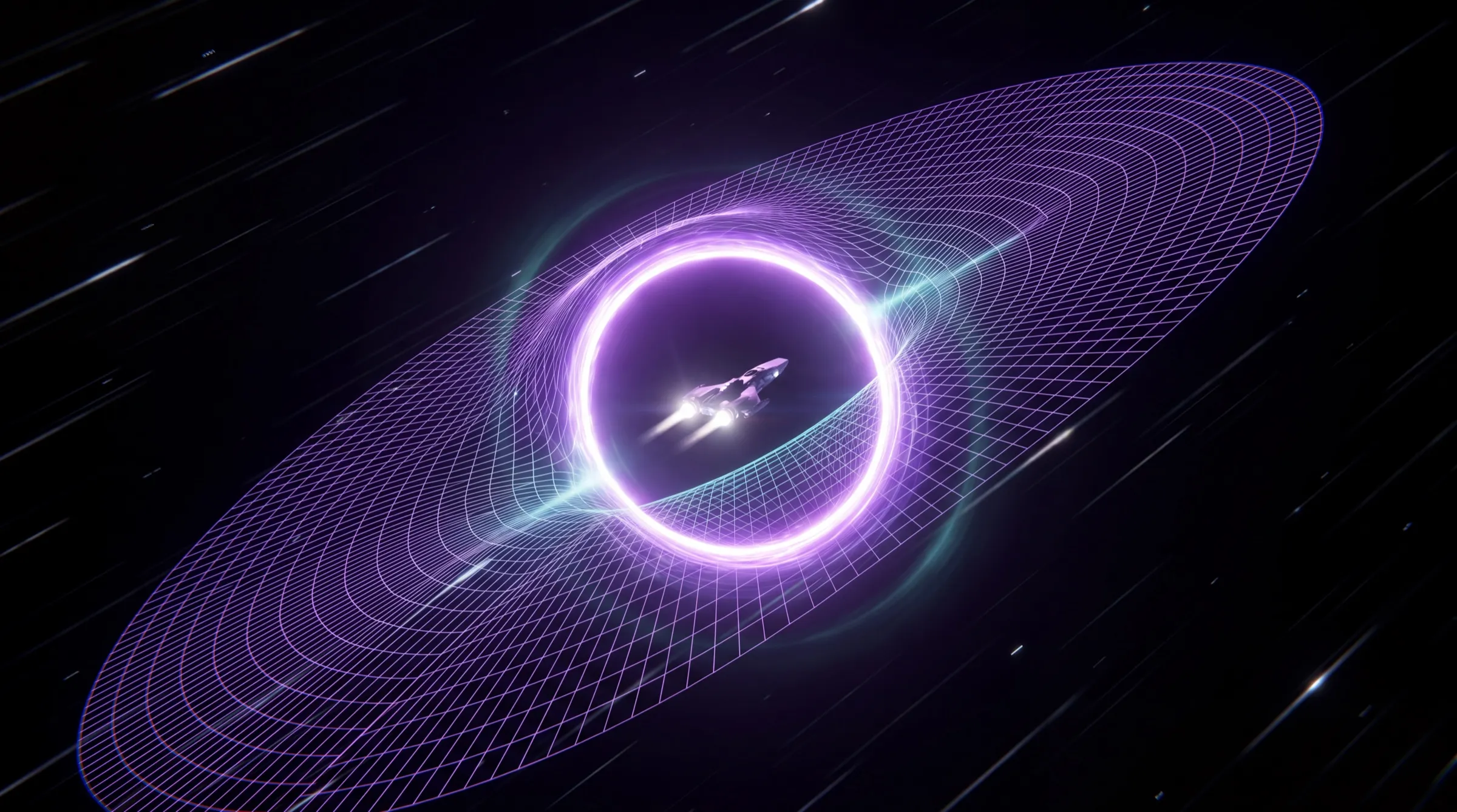 A ship riding a pocket of flat space inside a brilliant violet exotic-matter ring set in the warp-bubble wall, a warped spacetime grid fanning out around it.