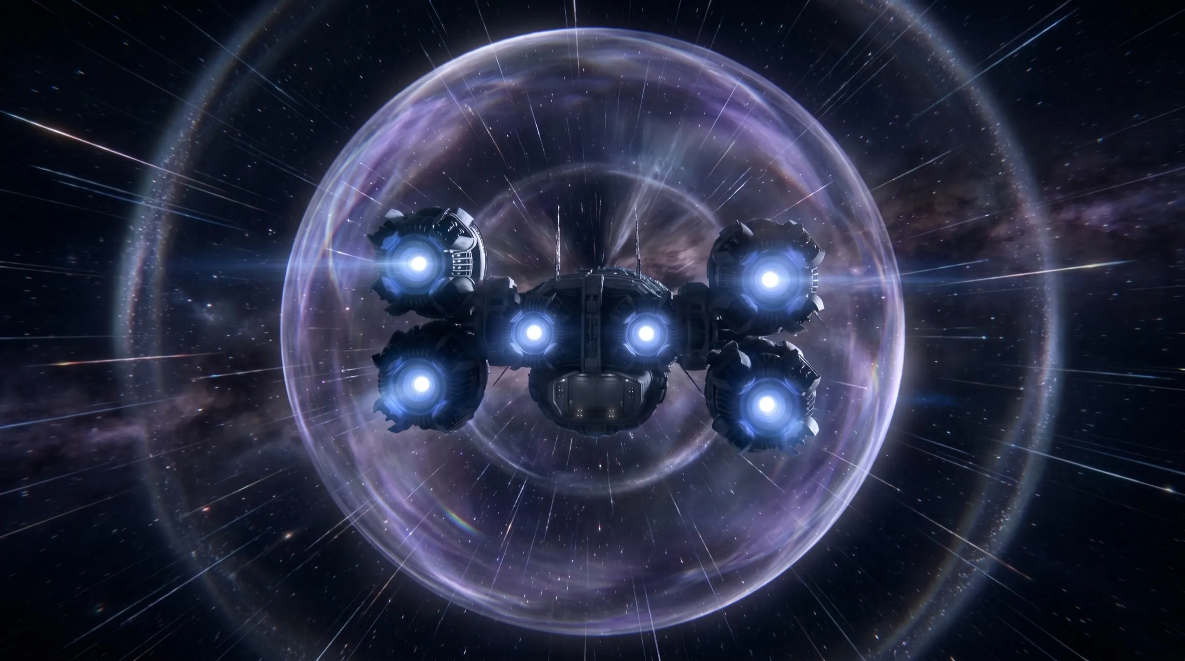 A schematic of an Alcubierre warp bubble: space contracts ahead, expands behind, with a flat-space bubble carrying the craft.