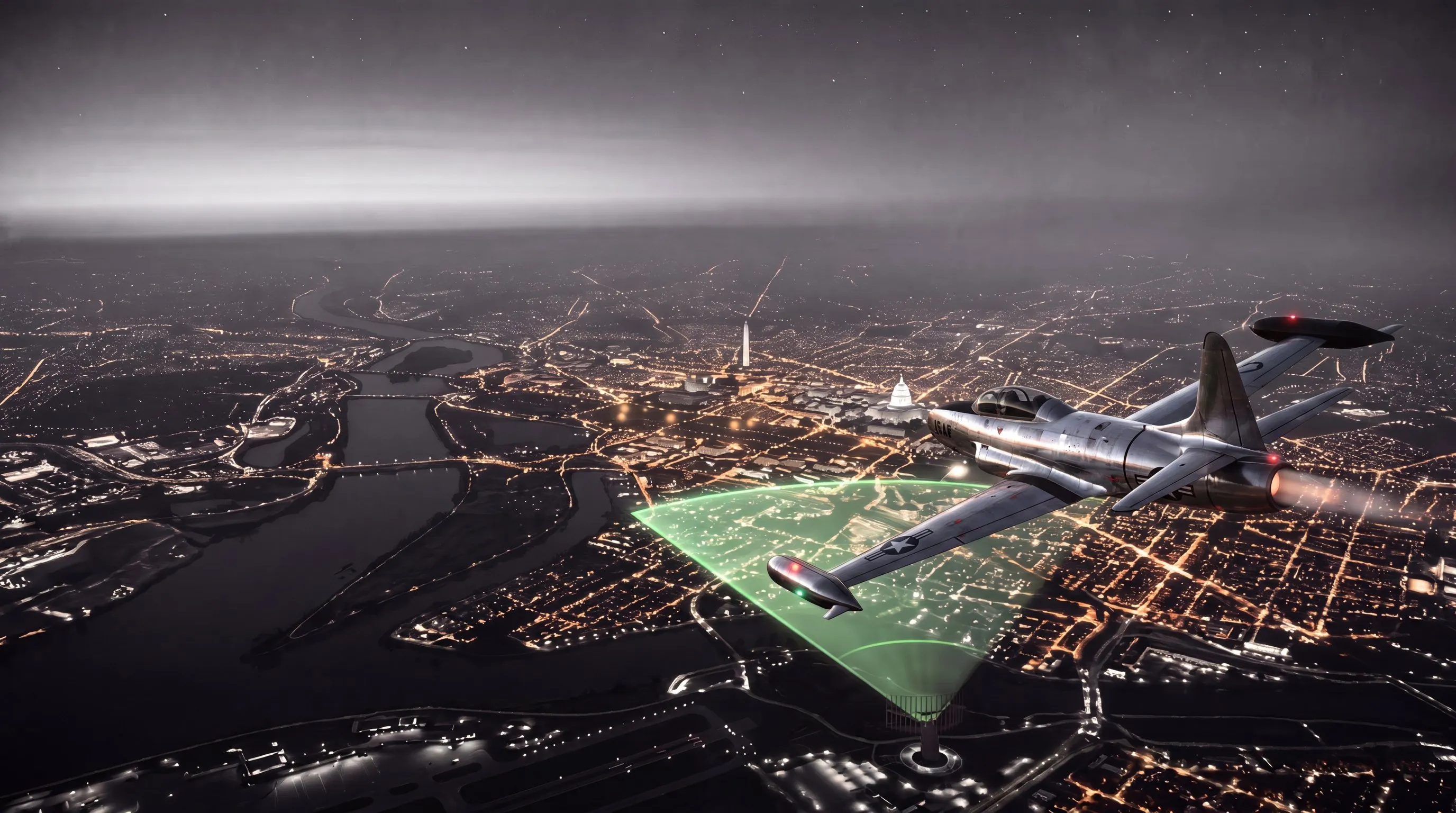 An aerial night view of 1952 Washington: the glowing street grid, the floodlit Capitol and Monument along the Mall, a phosphor-green radar sector fanning from the airport antenna toward the prohibited zone, and a bare-metal F-94 Starfire banking through the foreground, its polished aluminum skin catching the city glow, tailpipe glowing faint orange.