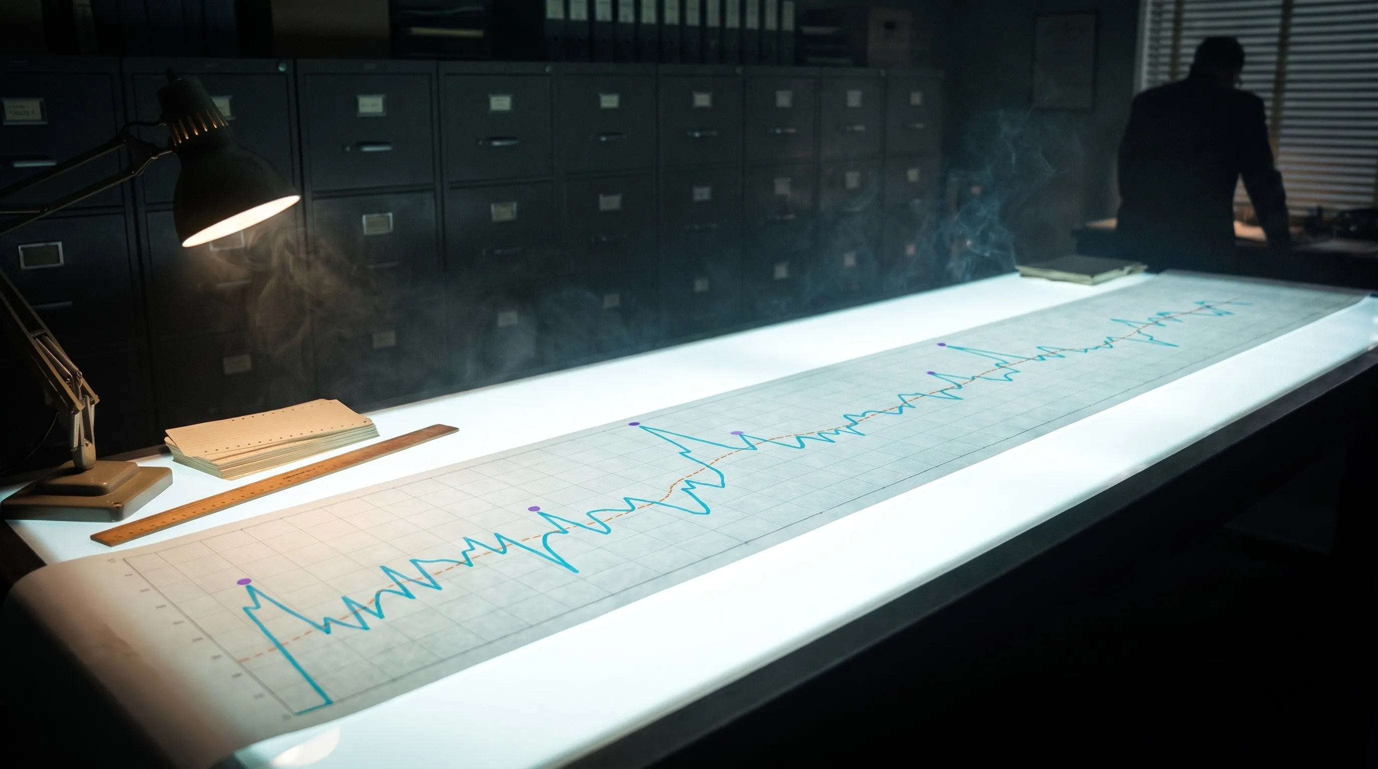 A dark 1950s records room: a long backlit light table carries a metres-long strip of chart paper, and across it a hand-inked cyan trace of monthly report counts runs spiky and continuous, its principal peaks capped with small violet dots and the tallest standing at about one third of the strip's length, a dashed amber trend curve rising gently through the middle; an anglepoise lamp, a wooden ruler and a stack of blank punched cards rest at the near end, thin smoke haze drifts through the backlight, and a lone analyst in silhouette leans over the far end of the table; no text anywhere.