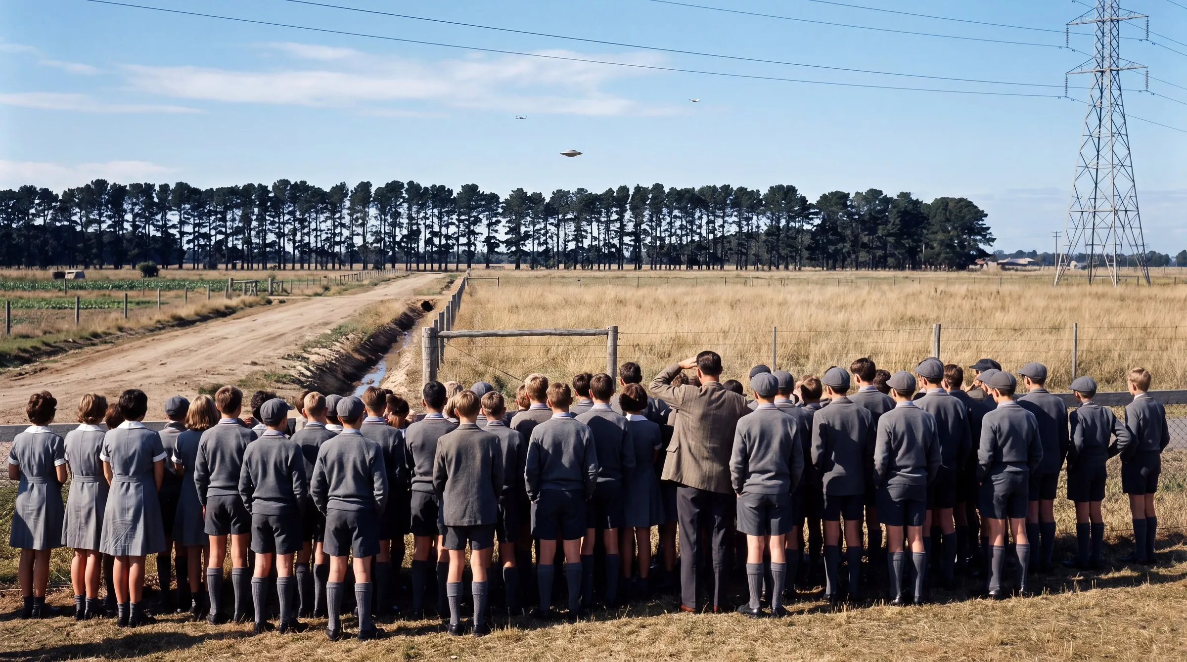 A bright autumn morning outside Melbourne in 1966, seen from behind a crowd of secondary students in grey uniforms, boys in caps and shorts, girls in tunics with white collars, pressed against a low post-and-wire fence and all looking south; a young teacher in a tweed jacket shades his eyes; beyond the fence waist-high dry paddock grass, a dirt road with a drainage ditch and market-garden rows to the left, and on the far horizon a long row of tall dark pines; just above the pine tops a small silver-grey domed disc, flat underneath, about two Moons wide, with no windows or lights; two specks of light aircraft higher in the sky on either side of it; a tall steel lattice pylon at the right with its wires crossing the top of the frame; hard sunlight from behind the left shoulder throwing the students' shadows forward and to the right; a blue sky with thin flat clouds; no text anywhere.
