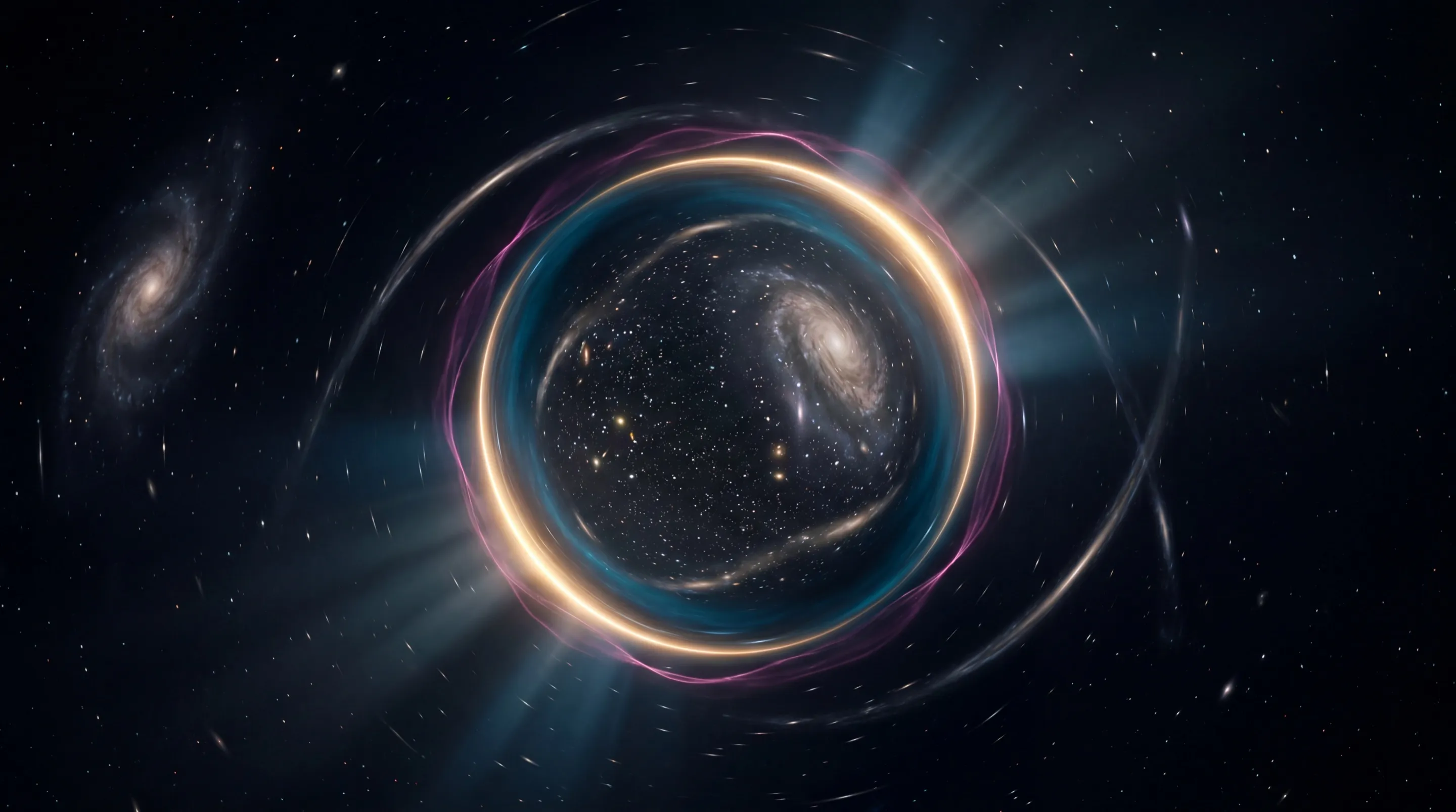 The Wormhole visualisation in its Morris–Thorne model: an open throat set between a gold and a blue funnel, held open by a magenta exotic-matter ring, with a view-through-the-throat lensed window onto the far sky.