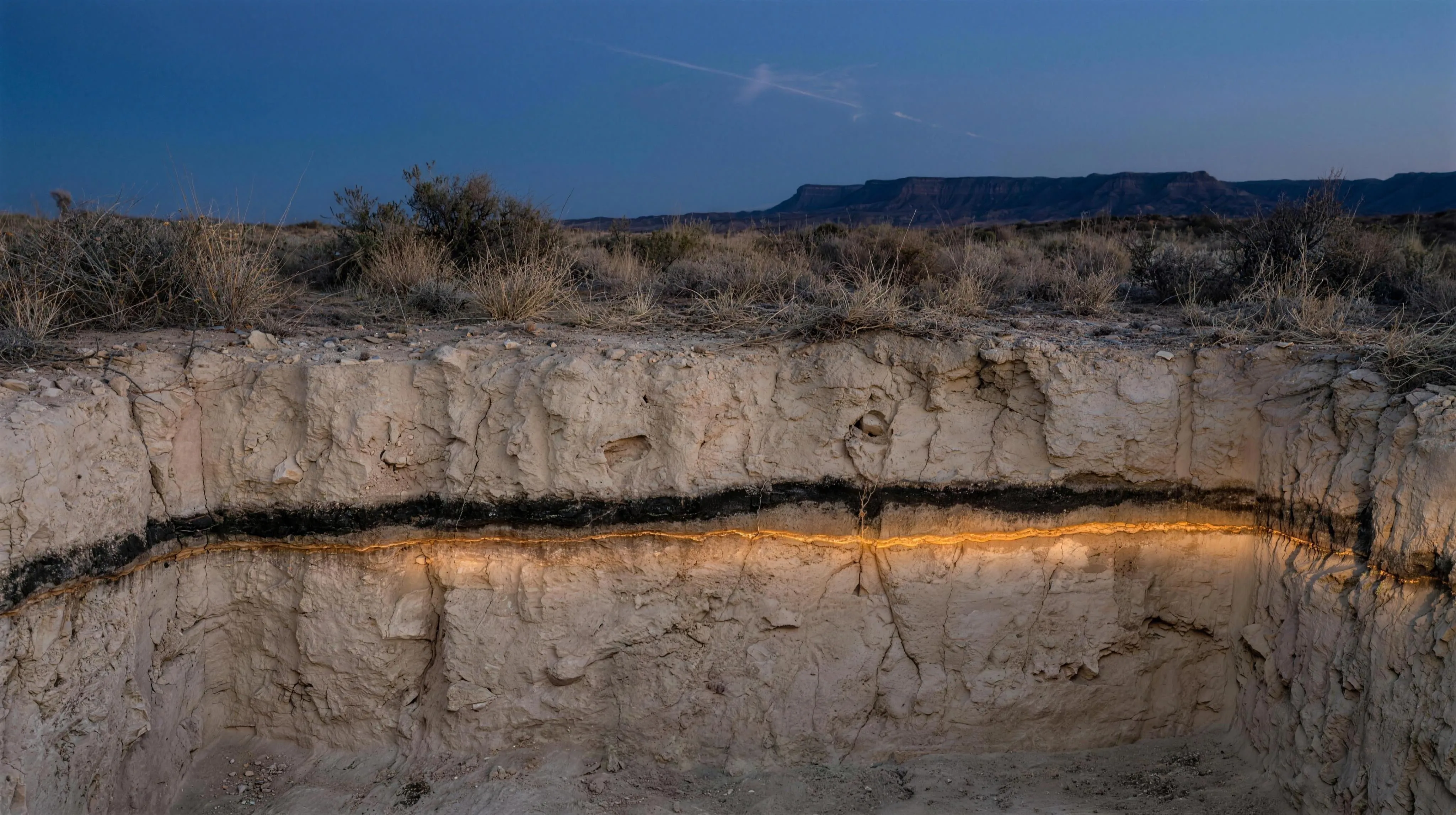 A freshly cut vertical wall of pale desert sediment at dawn, seen straight on: a dark, almost black organic band runs horizontally across it, and pressed directly beneath that band is a single hairline seam of warm ochre-gold sediment about a centimetre thick, catching the low sun so it glows like a thin wire of light across the whole face; a small steel scale bar and a trowel lean against the wall; above the cut, dry scrub gives way to a deep indigo pre-dawn sky over a low dark mesa, in which a pale fireball streak breaking into a short train of fragments hangs so faintly that it reads as a suggestion rather than an object.